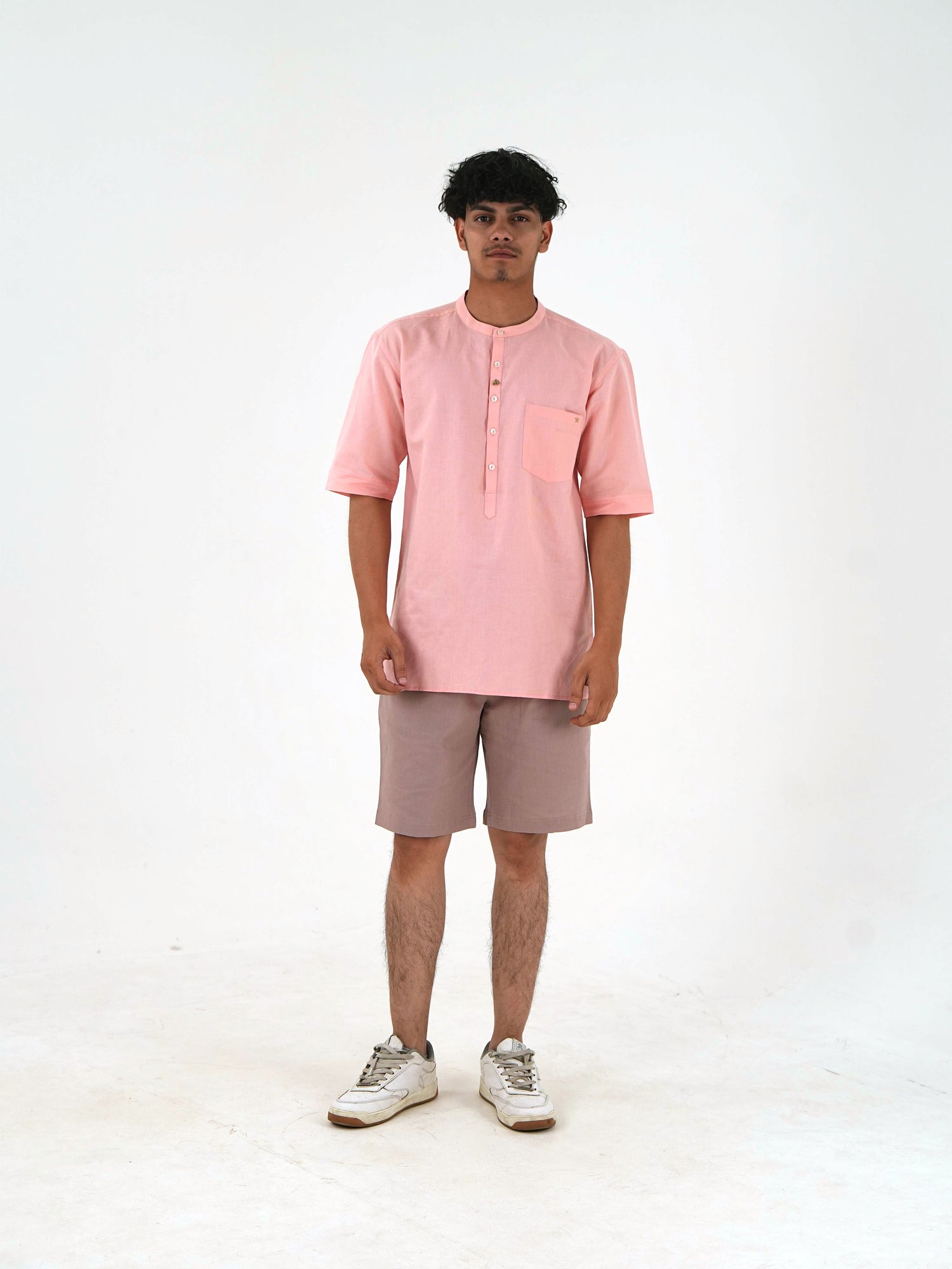 Half Sleeve Casual Kurta Short Set - Peach Pink