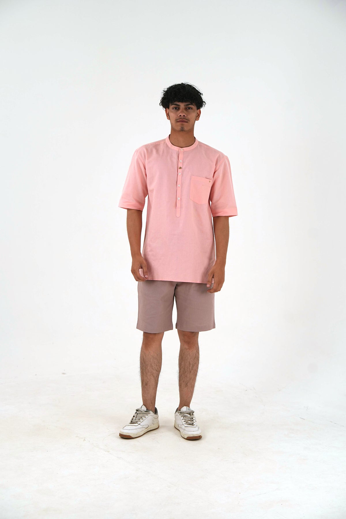 Half Sleeve Casual Kurta Short Set - Peach Pink