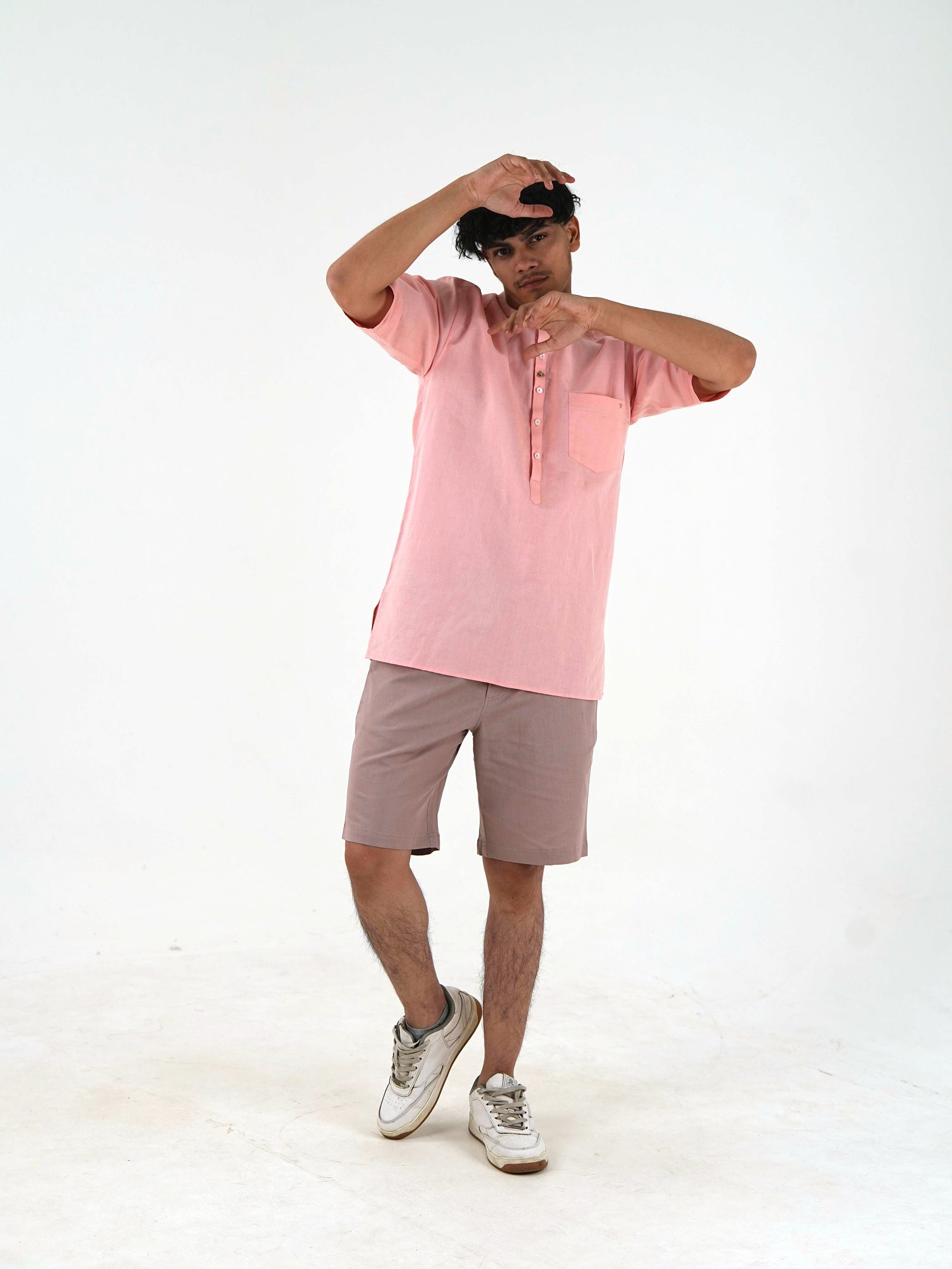 Half Sleeve Casual Kurta Short Set - Peach Pink