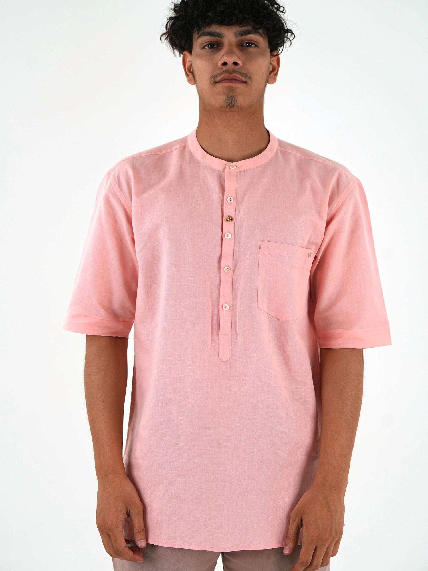 Half Sleeve Casual Kurta Short Set - Peach Pink