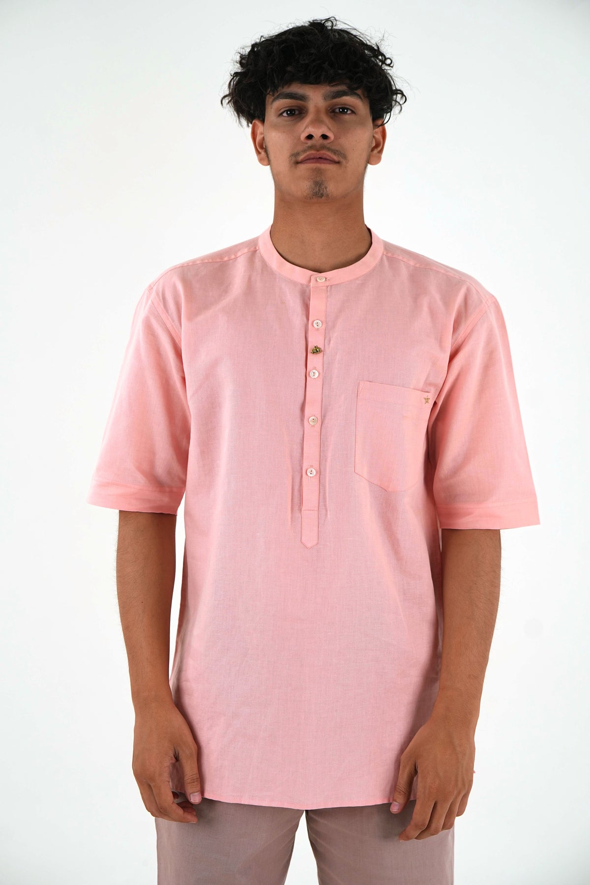 Half Sleeve Casual Kurta Short Set - Peach Pink