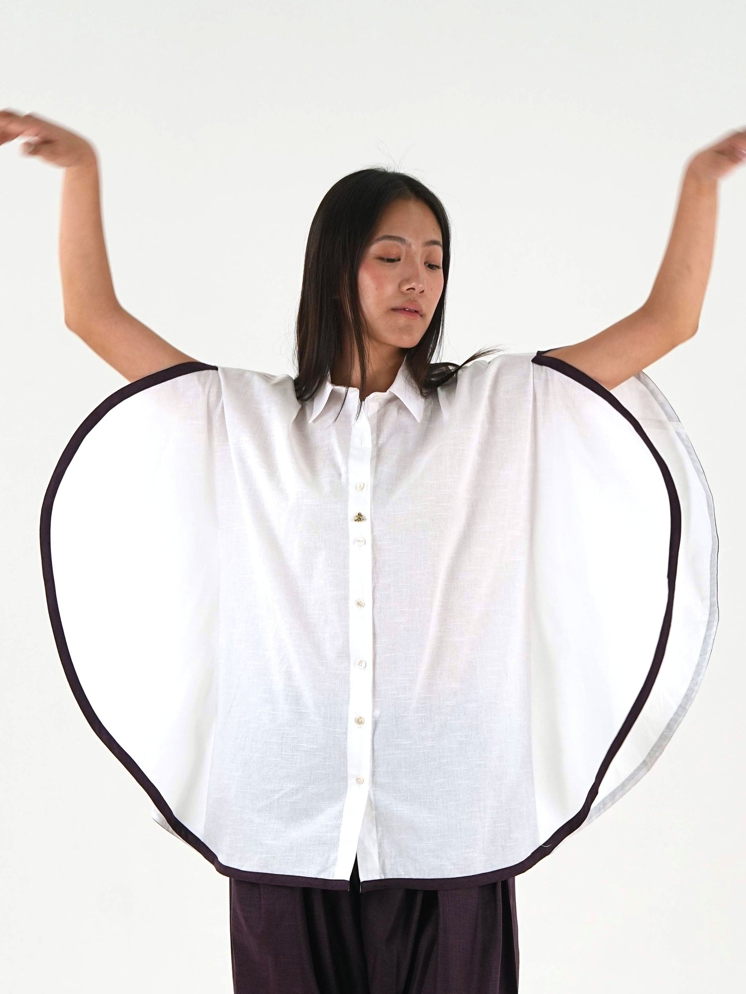 Shirt Collar Cape Shirt - White Linen Cotton