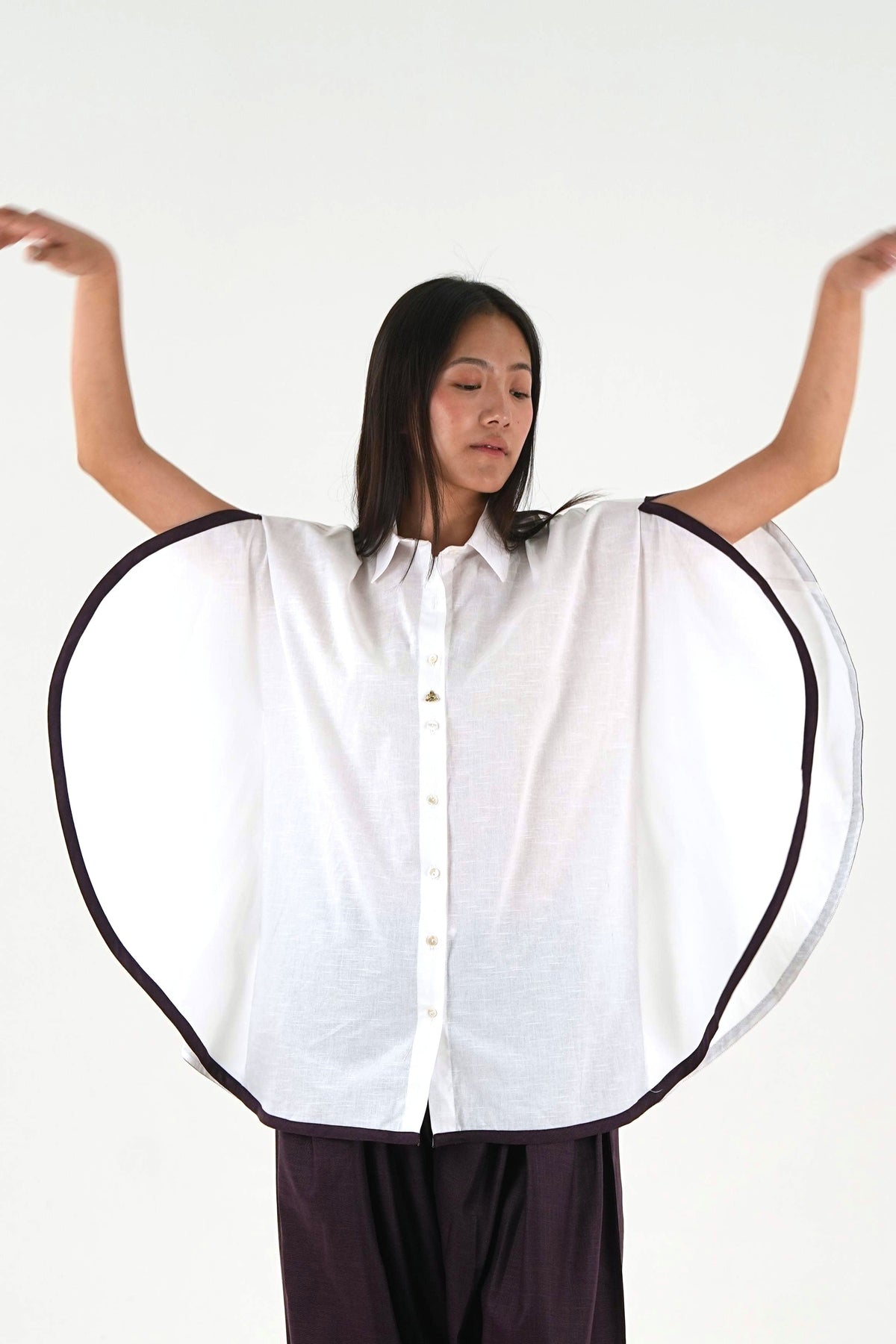 Shirt Collar Cape Shirt - White Linen Cotton