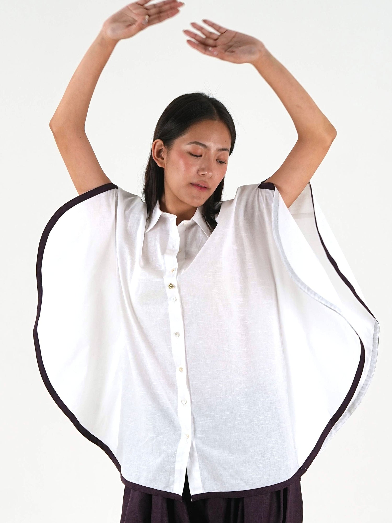 Shirt Collar Cape Shirt - White Linen Cotton