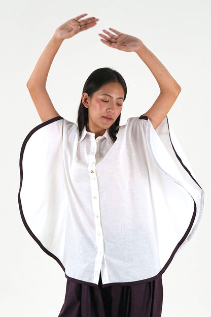 Shirt Collar Cape Shirt - White Linen Cotton