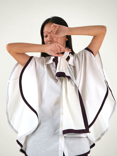 Shirt Collar Cape Shirt - White Linen Cotton