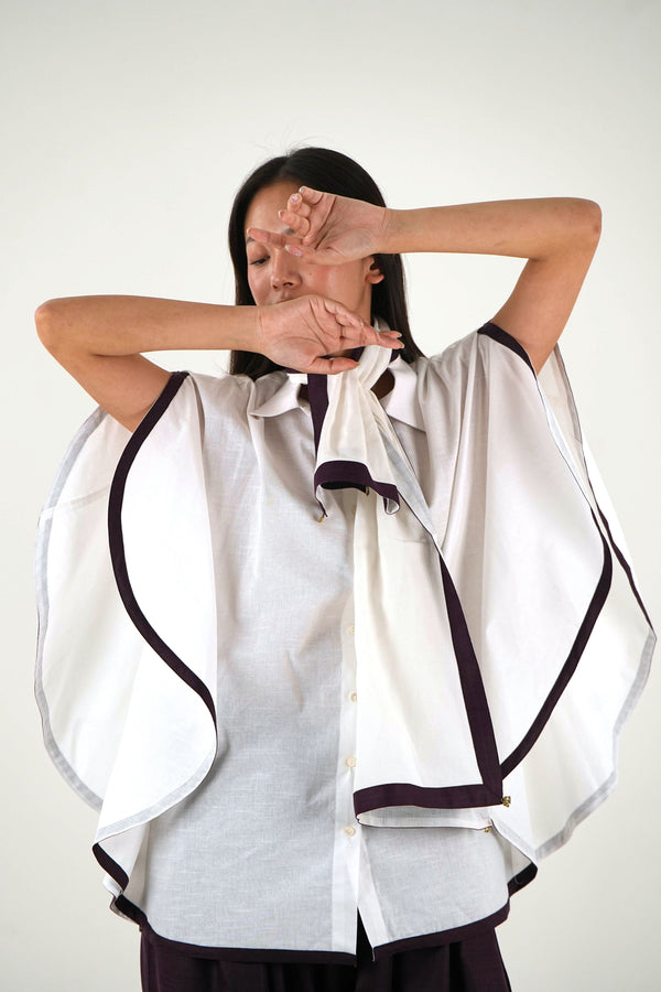 Shirt Collar Cape Shirt - White Linen Cotton