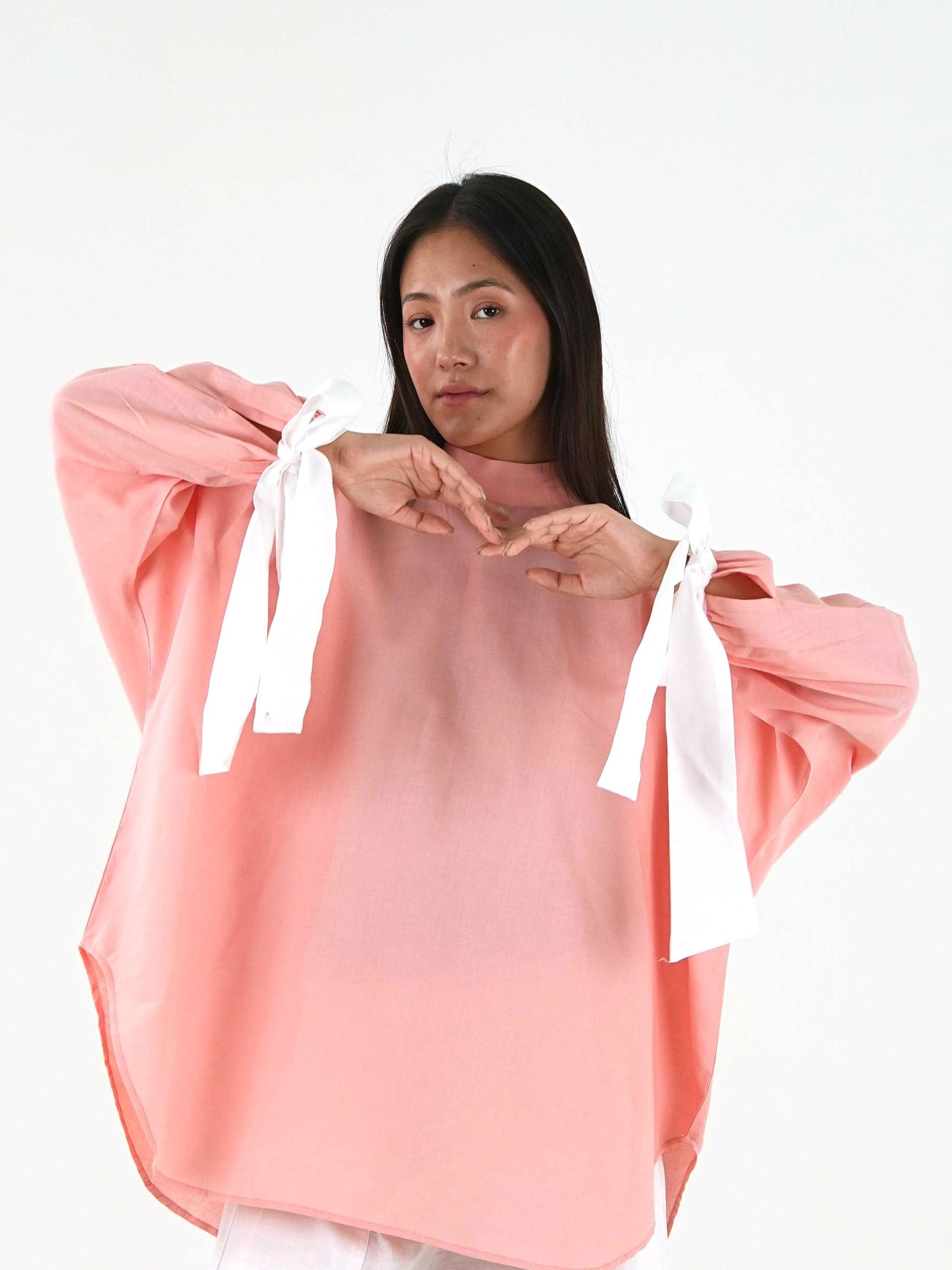 High Neck Oversized Top - Pastel Peach Linen Cotton