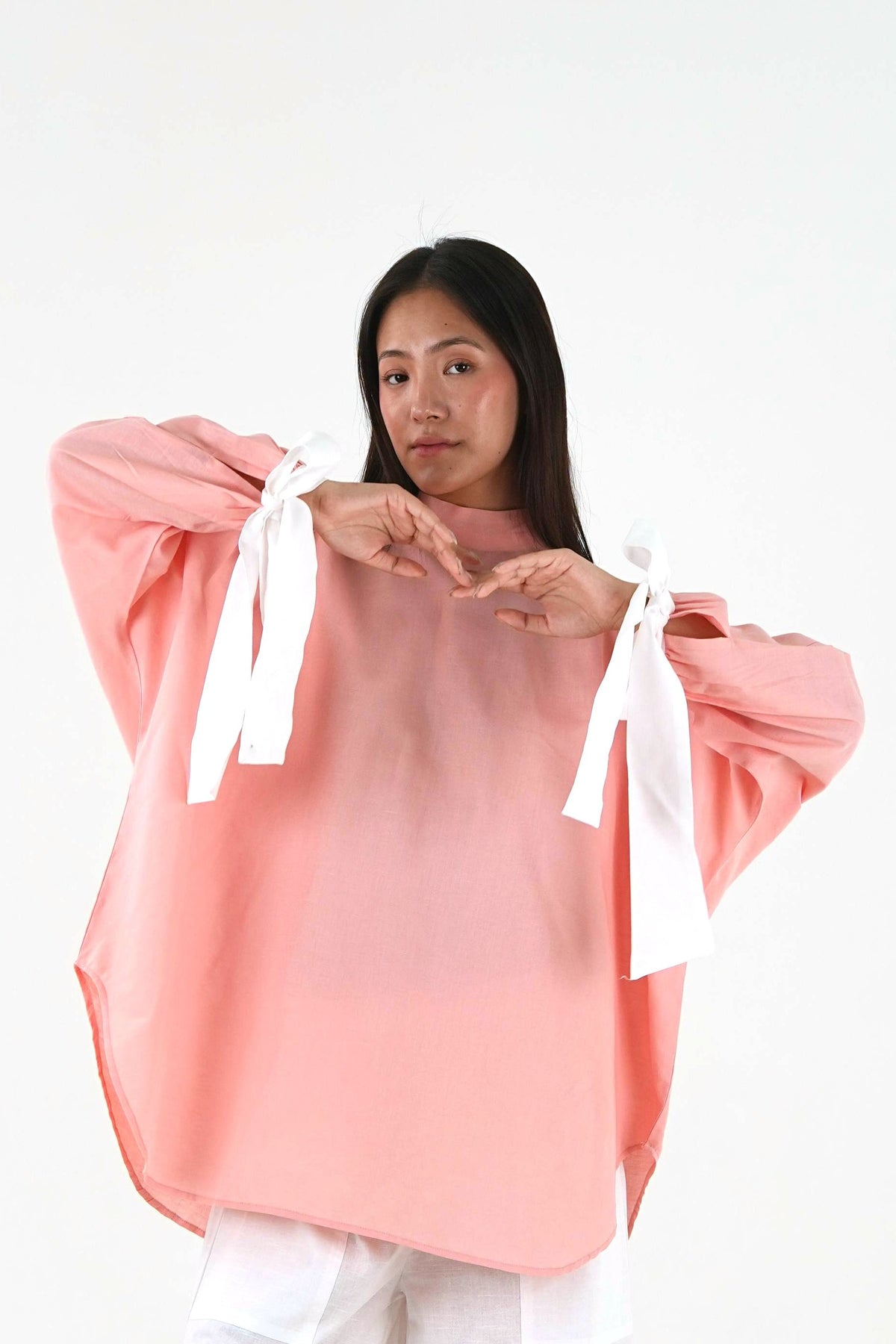 High Neck Oversized Top - Pastel Peach Linen Cotton