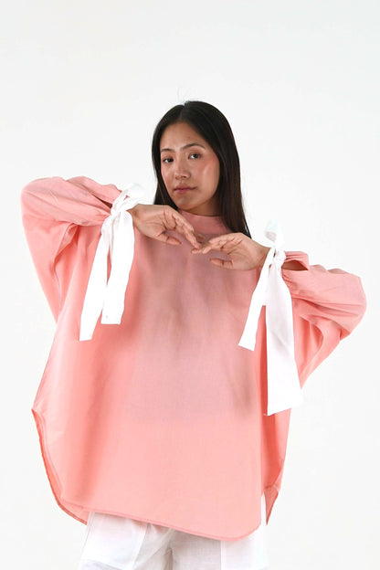 High Neck Oversized Top - Pastel Peach Linen Cotton