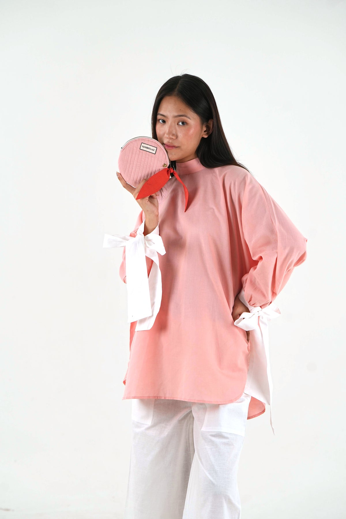 High Neck Oversized Top - Pastel Peach Linen Cotton