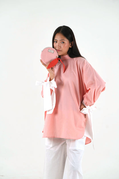 High Neck Oversized Top - Pastel Peach Linen Cotton