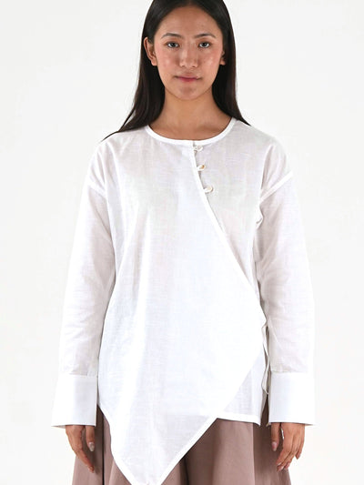 Asymmetric Angrakha Shirt - Off White Linen