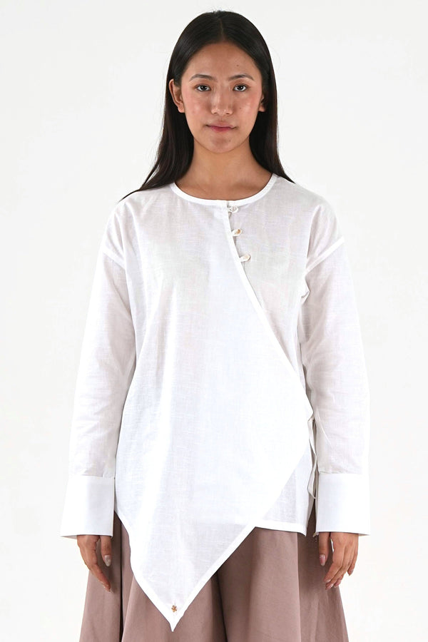 Asymmetric Angrakha Shirt - Off White Linen