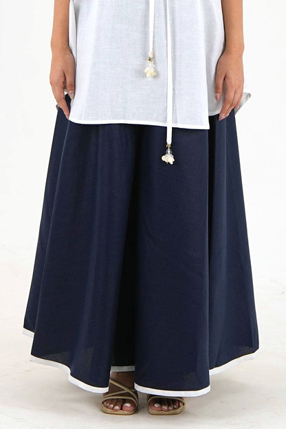 Flared Hem Wide Leg Pant - Navy Blue Nippon Linen