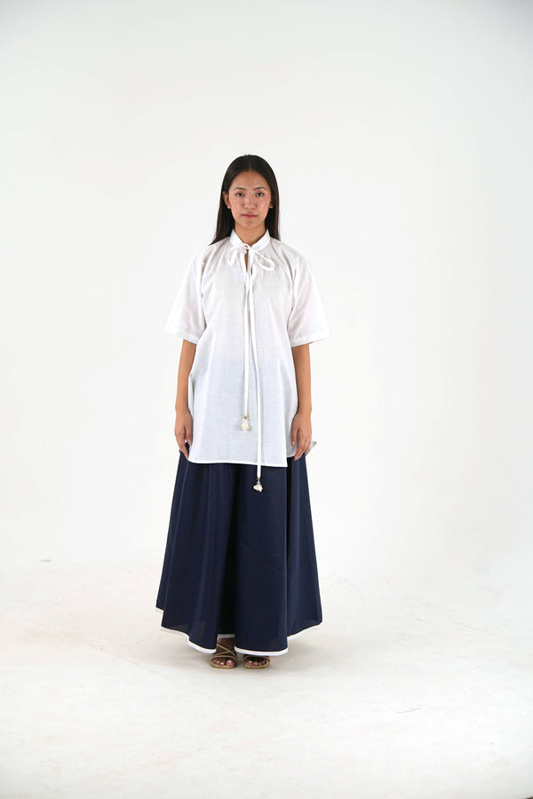 Half Sleeve Tunic Wide-Leg  Set - White Relaxed Fit