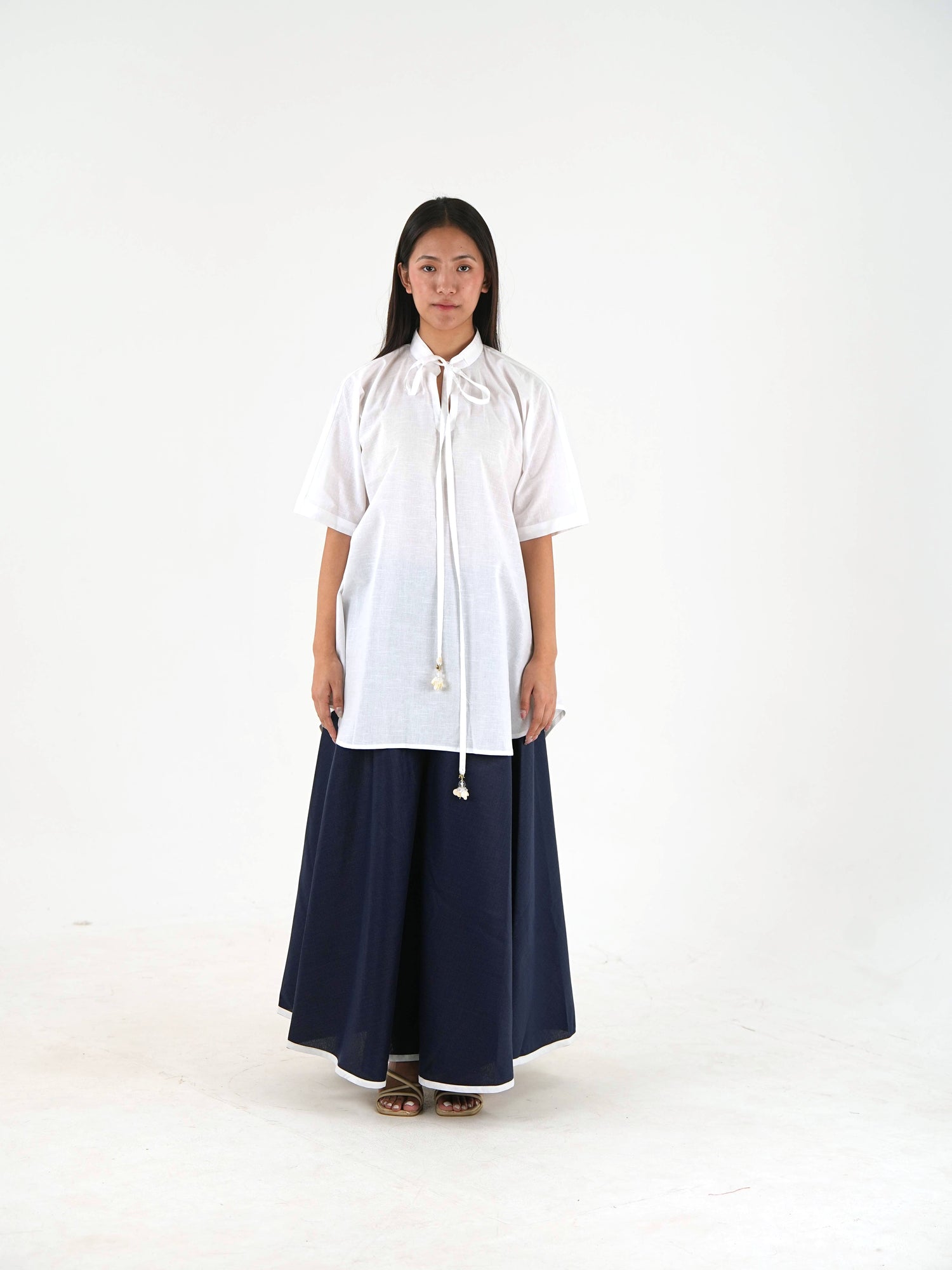 Half Sleeve Linen Tunic - White Relaxed Fit