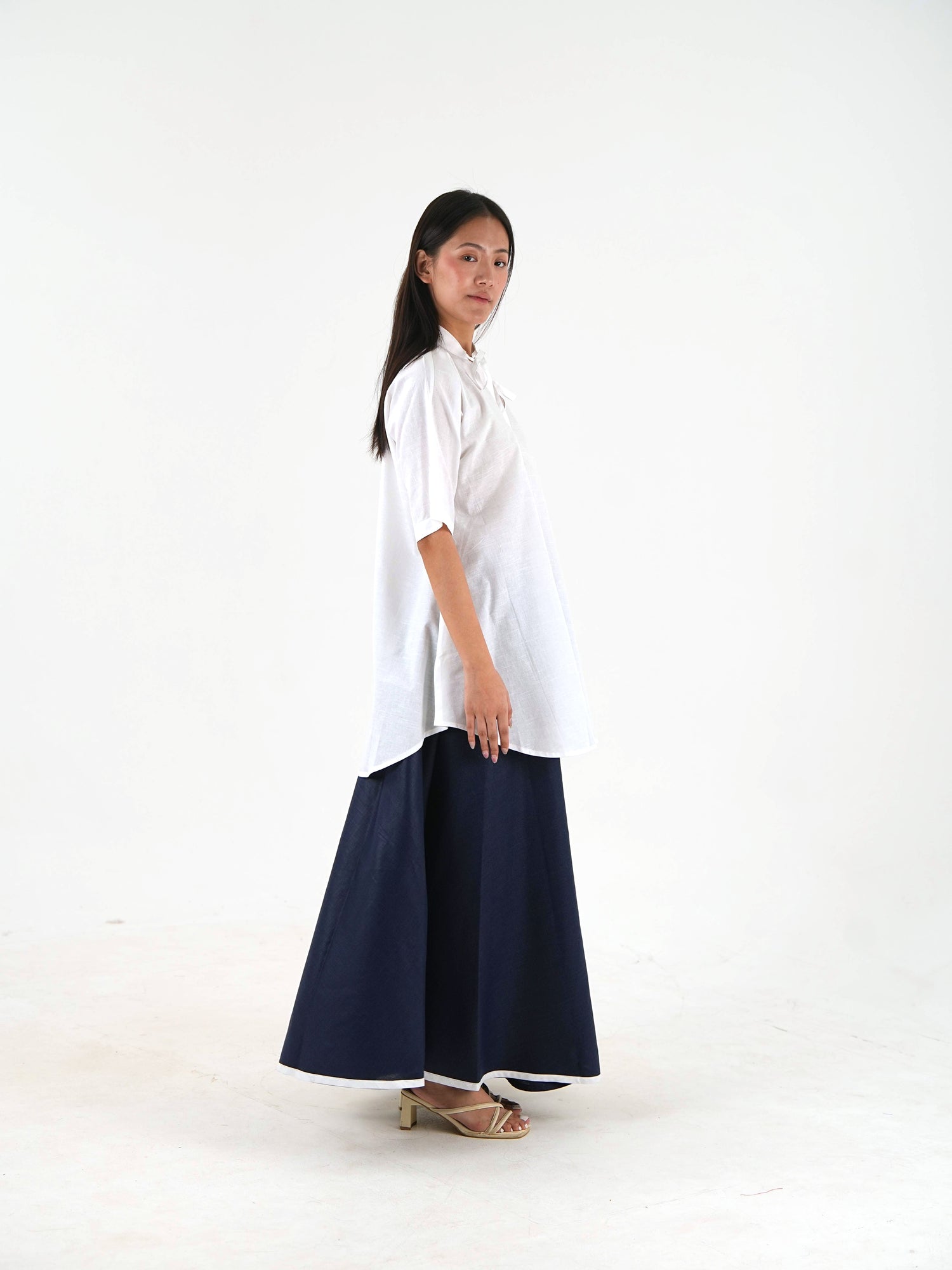 Flared Hem Wide Leg Pant - Navy Blue Nippon Linen