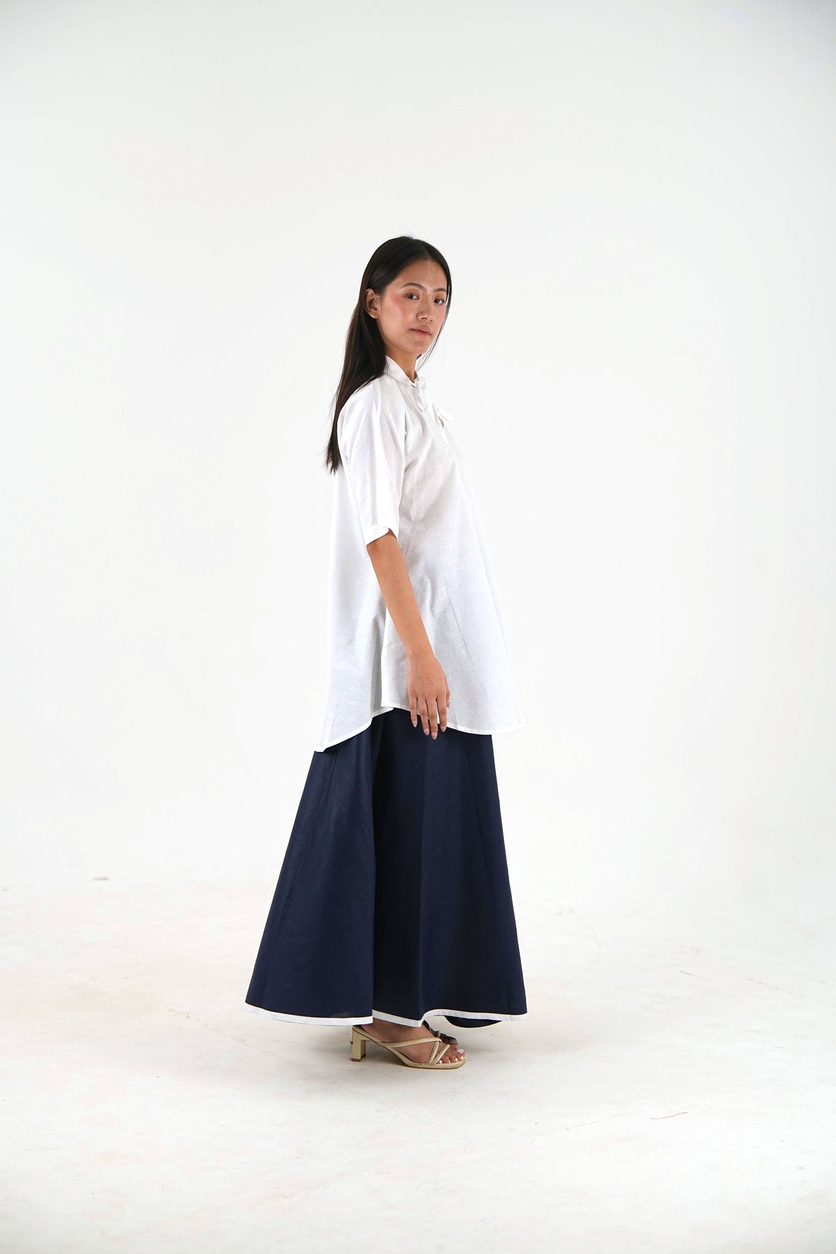 Flared Hem Wide Leg Pant - Navy Blue Nippon Linen