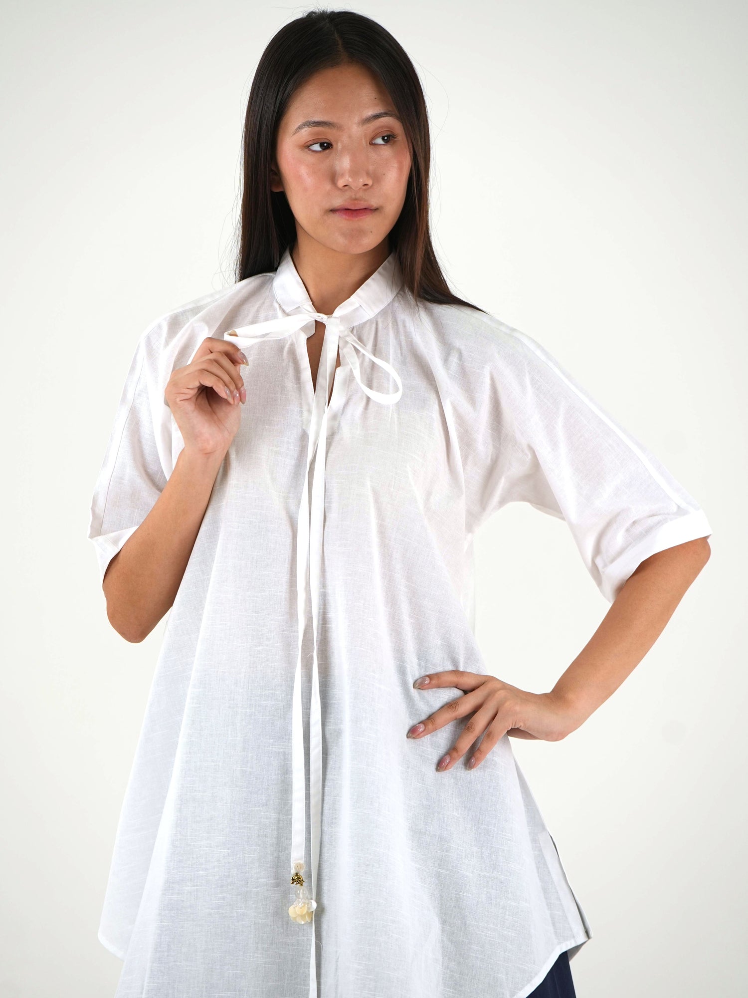 Half Sleeve Tunic Wide-Leg  Set - White Relaxed Fit