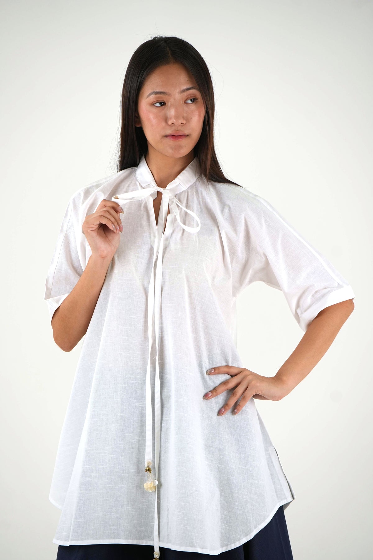 Half Sleeve Tunic Wide-Leg  Set - White Relaxed Fit