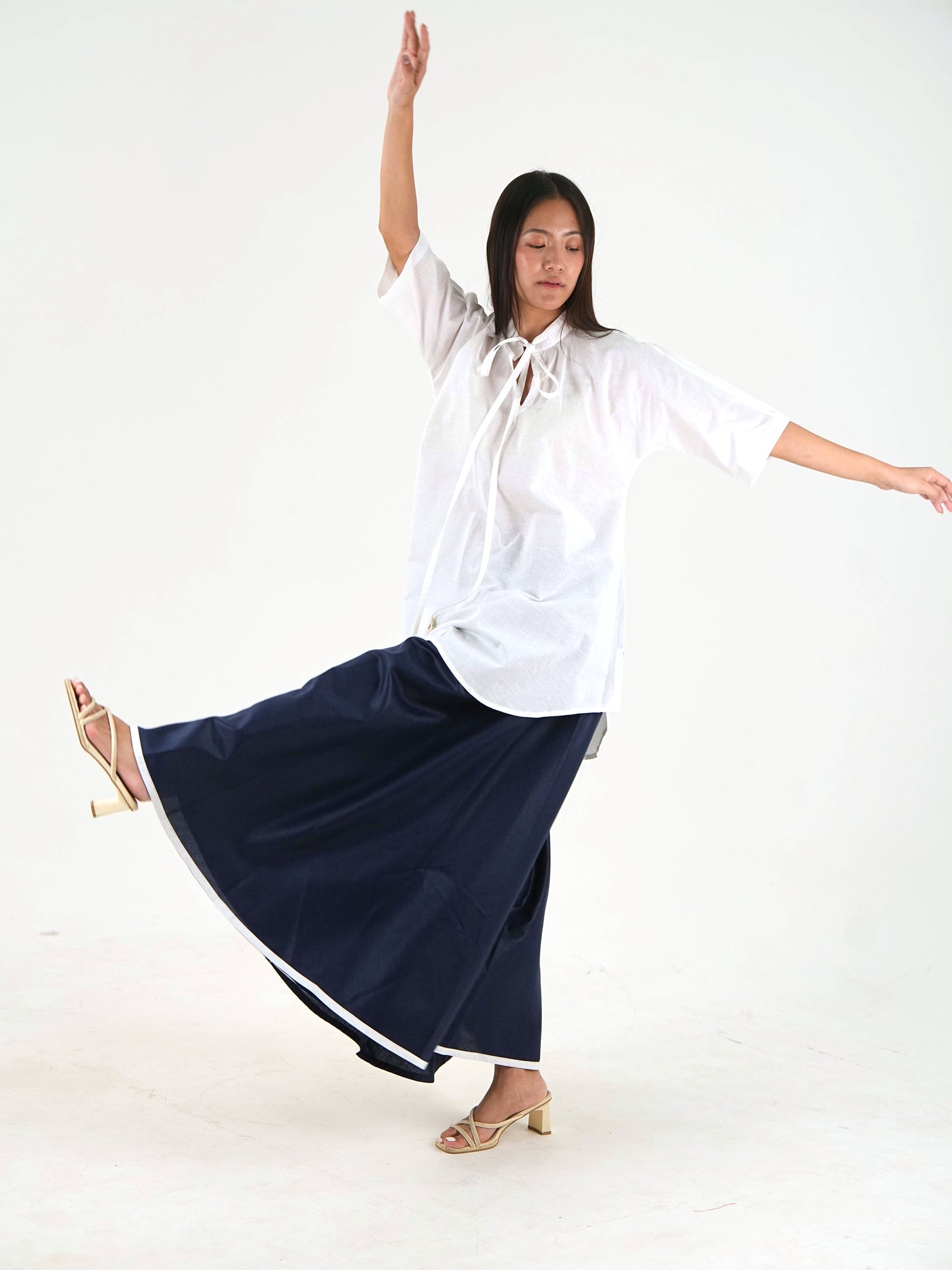 Half Sleeve Tunic Wide-Leg  Set - White Relaxed Fit