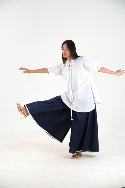 Half Sleeve Tunic Wide-Leg  Set - White Relaxed Fit
