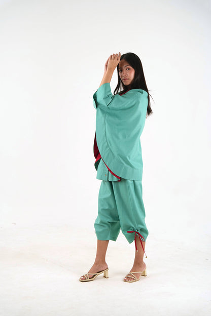 Wide Sleeve Kaftan Top - Sea Green Linen