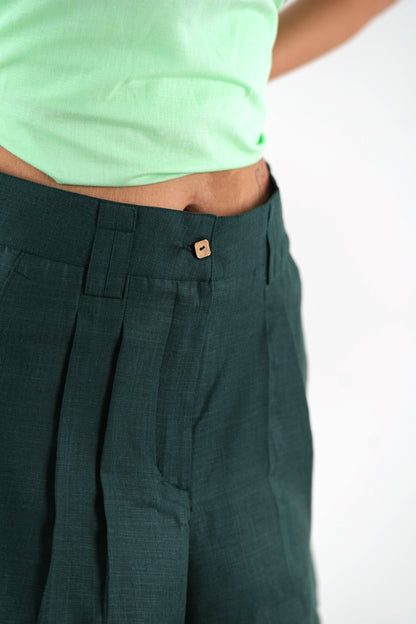 Straight Cut Linen Shorts - Dark Green