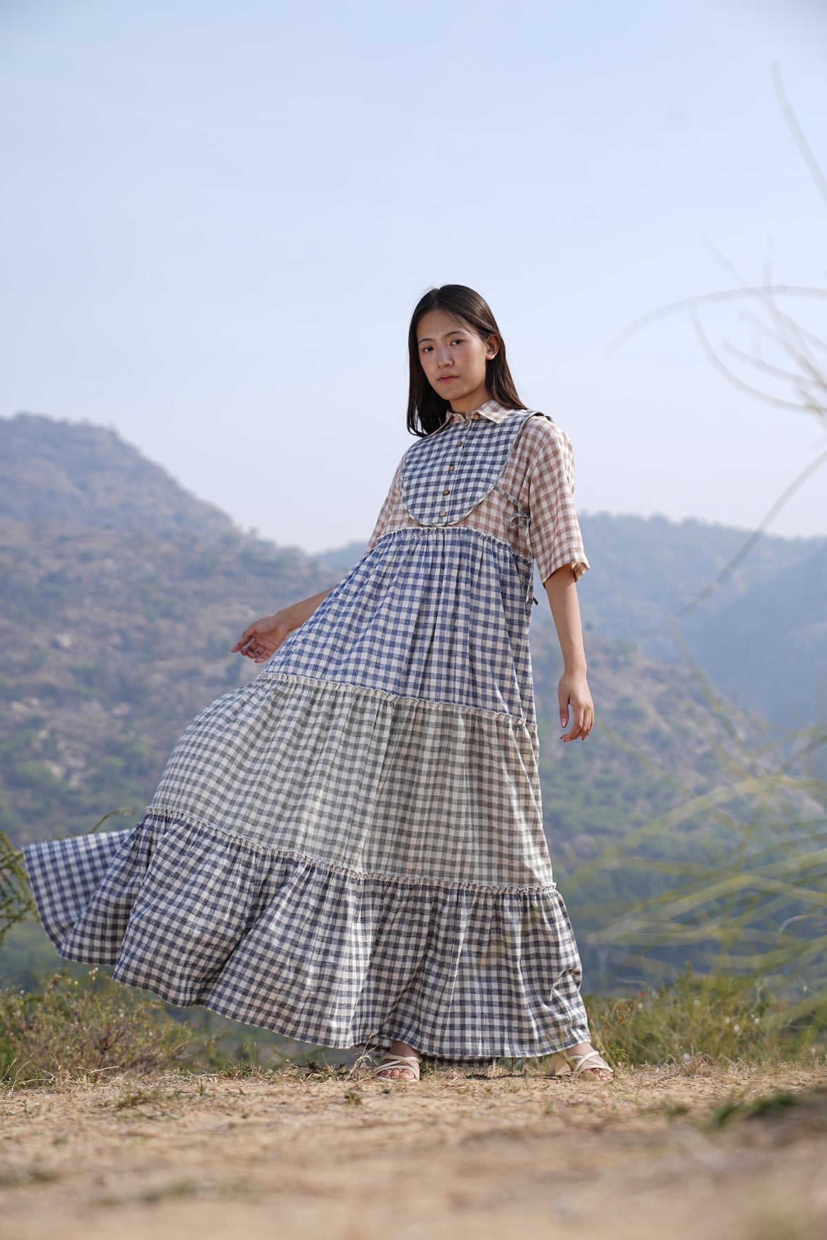 Full-length checked cotton maxi dress in a relaxed fit