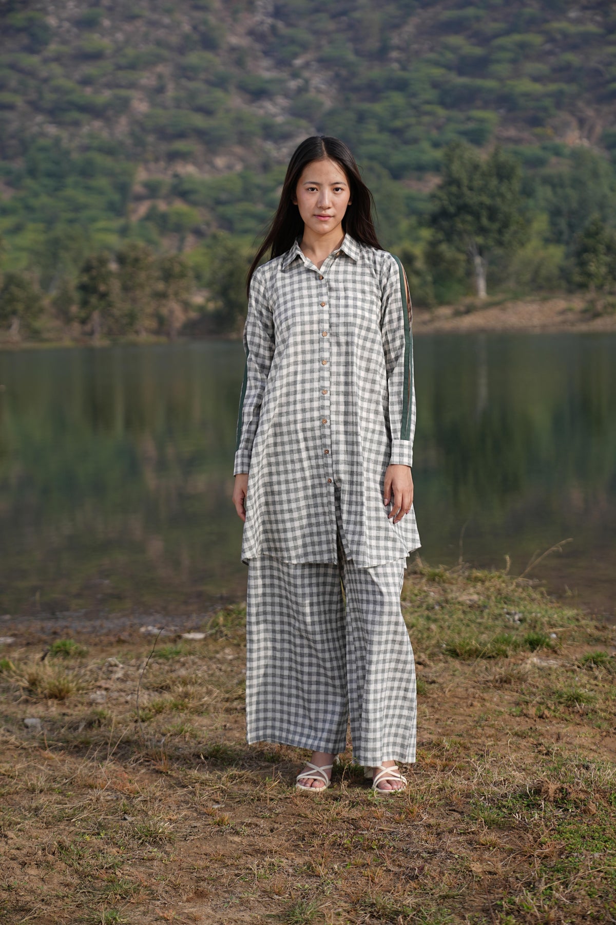 Relaxed A-line cotton co-ord shown full length