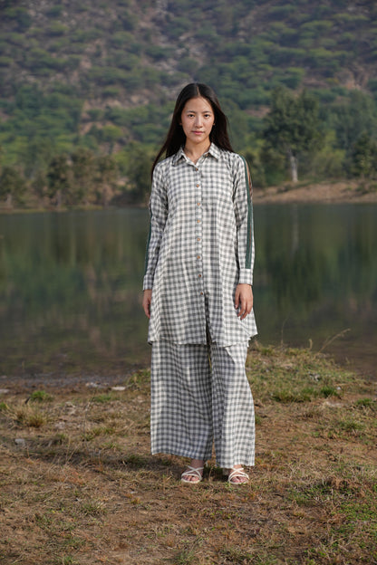 Relaxed A-line cotton co-ord shown full length