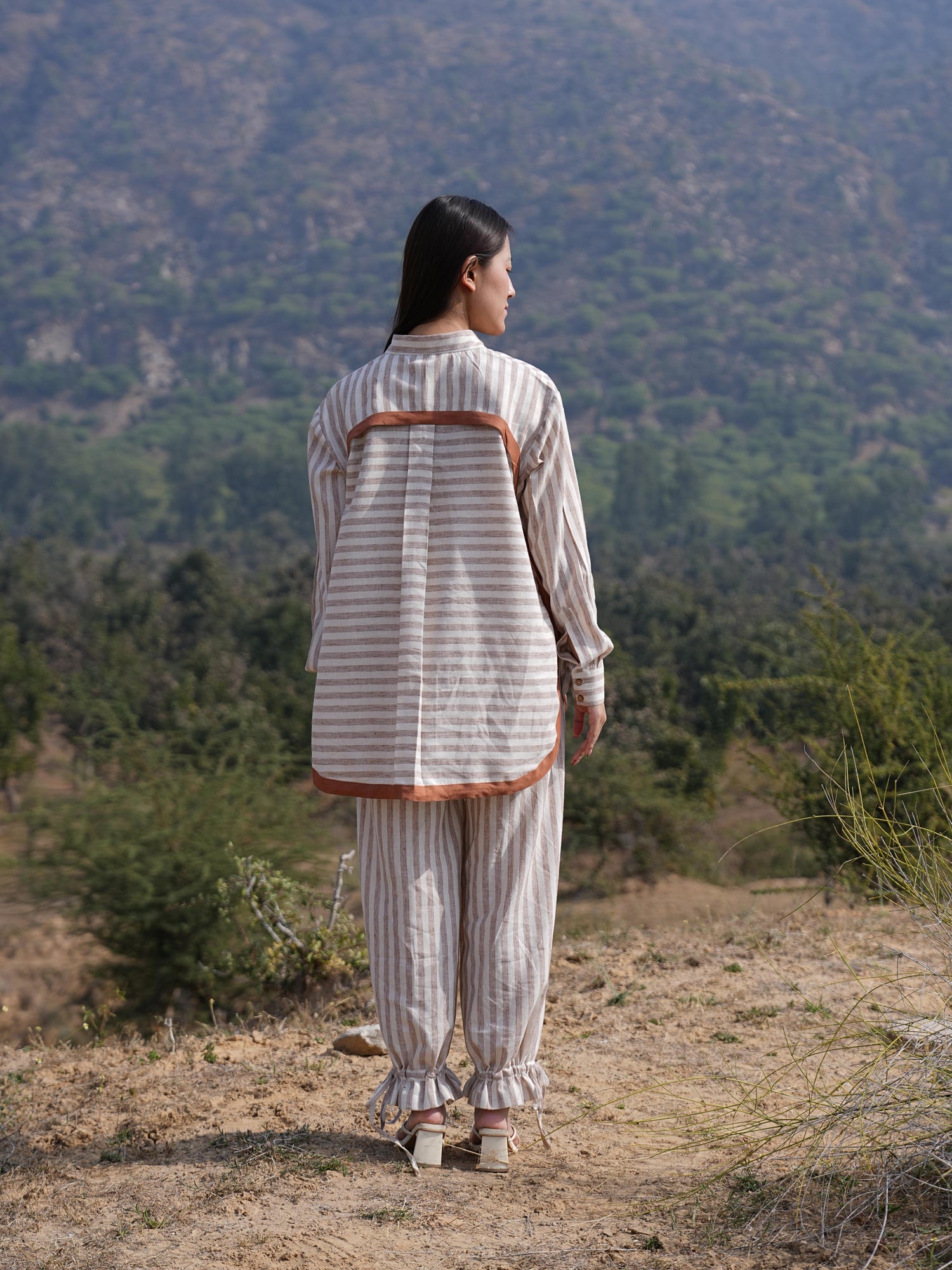 Model styling the cotton co-ord set for a warm summer day