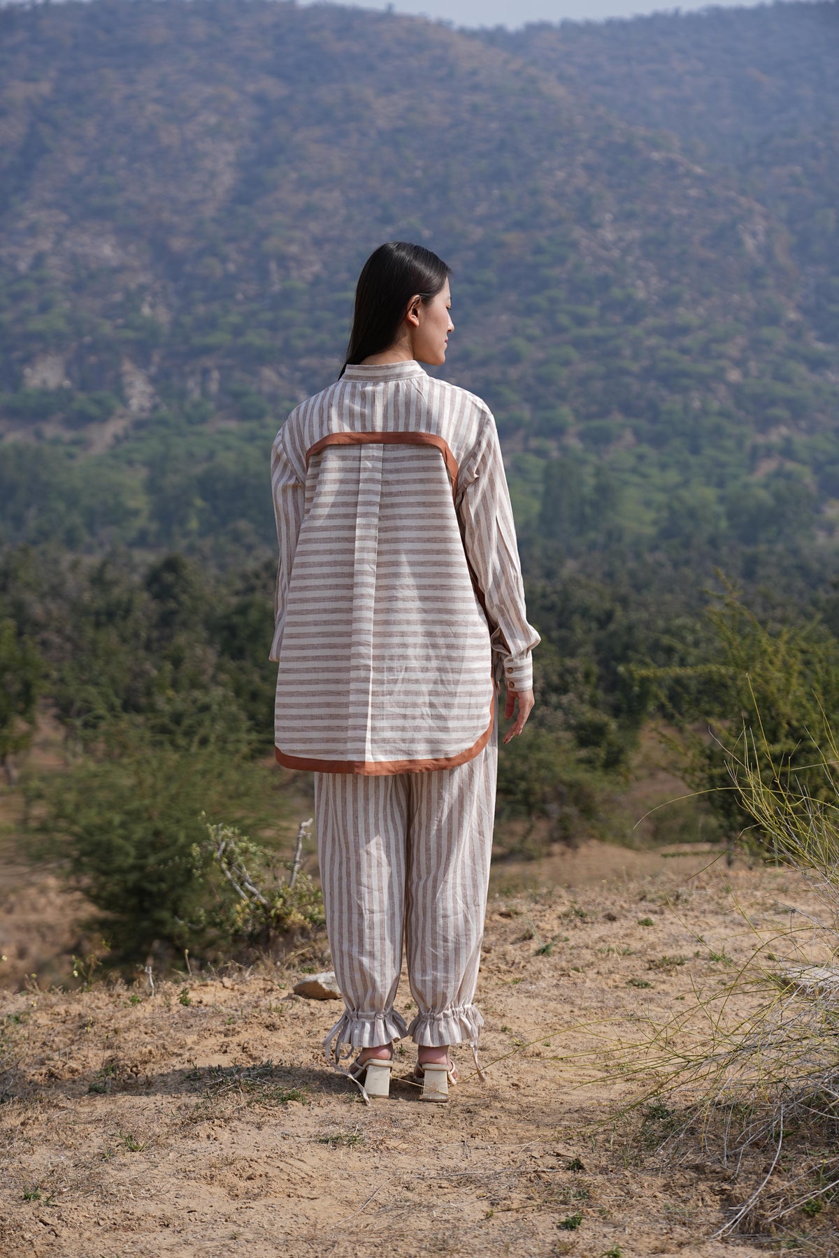 Model styling the cotton co-ord set for a warm summer day