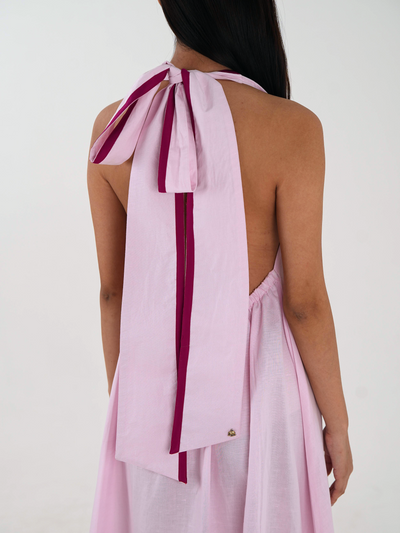 Sleeveless Halter Dress - Pastel Pink Linen