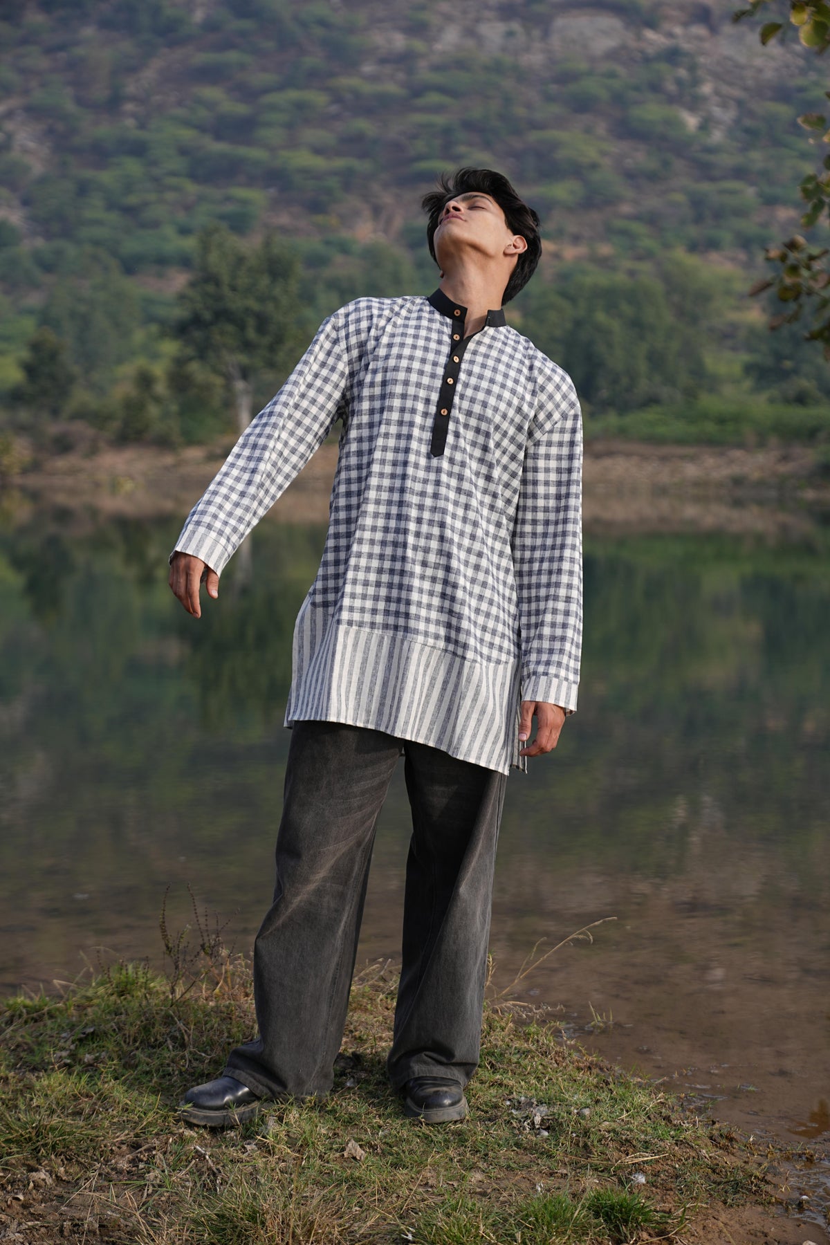 Black Stripe Dress & Check Kurta Duo