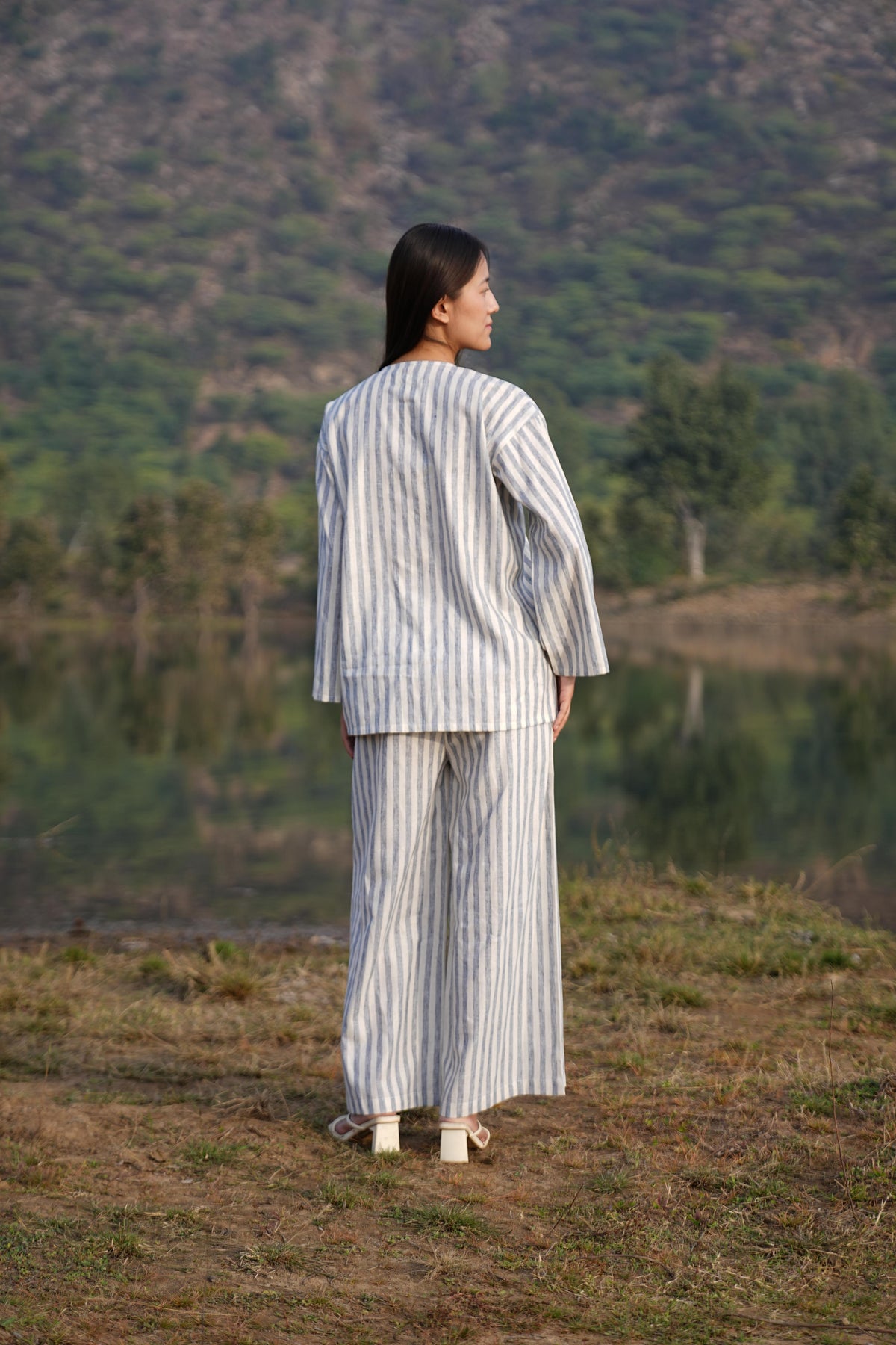 Full-length view of the striped cotton co-ord set