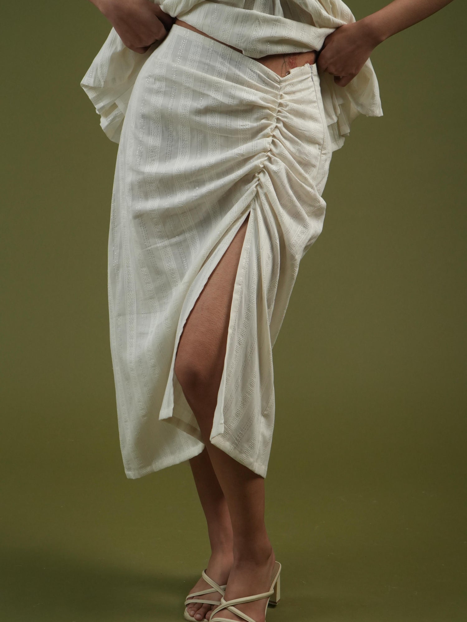 Vanshitaaz Ivory Breeze Smocked Top & Drape Skirt Set