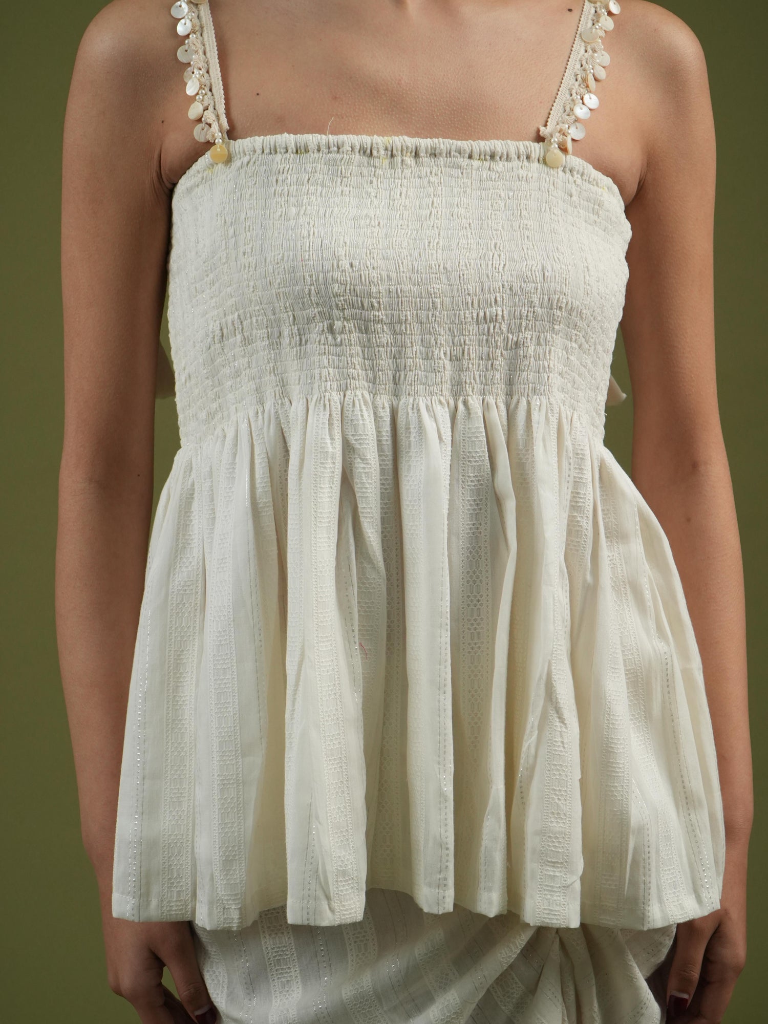 Vanshitaaz Ivory Breeze Smocked Top & Drape Skirt Set