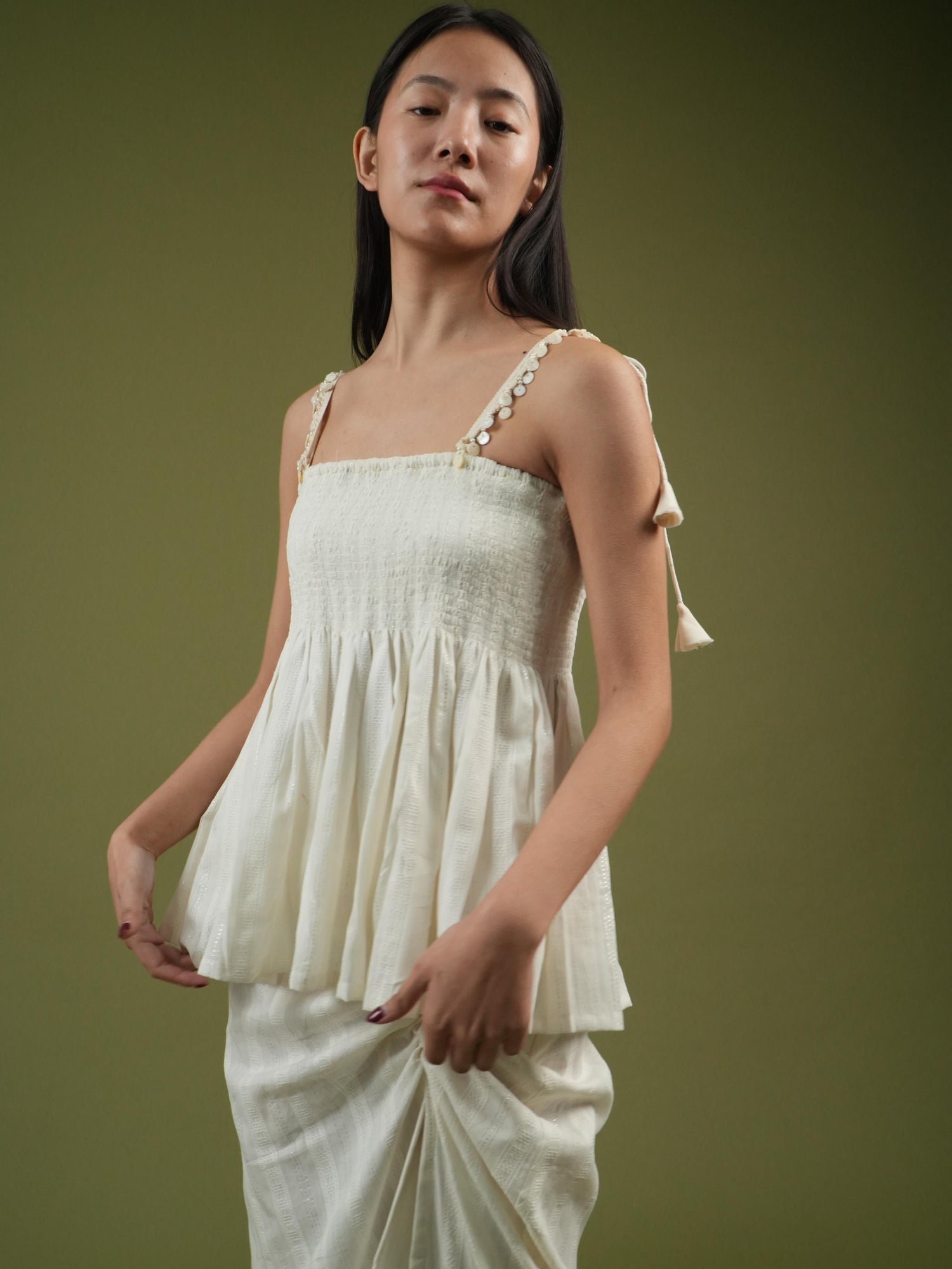 Vanshitaaz Ivory Breeze Smocked Top & Drape Skirt Set