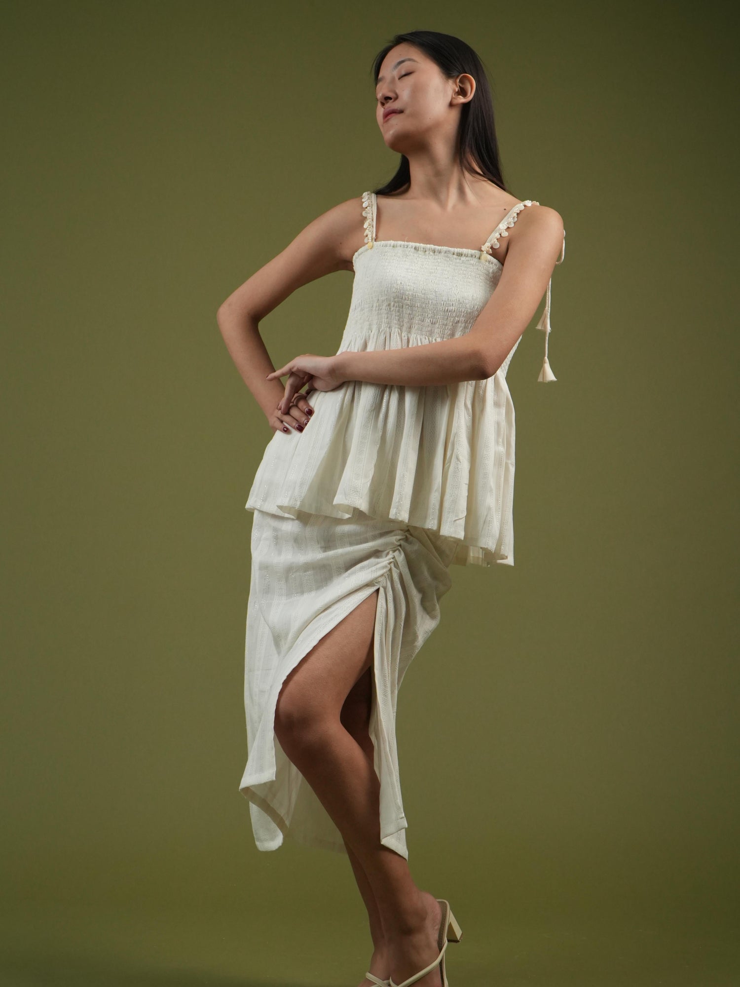 Vanshitaaz Ivory Breeze Smocked Top & Drape Skirt Set