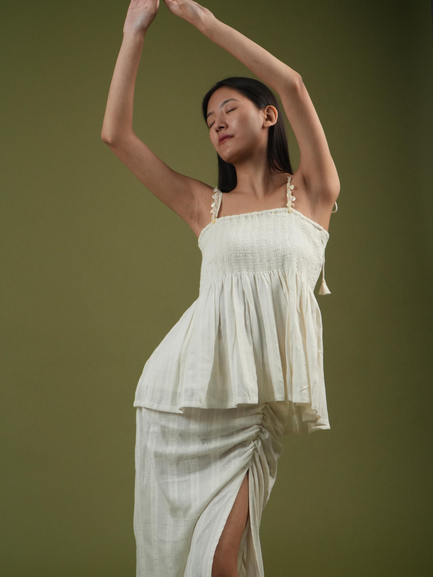 Vanshitaaz Ivory Breeze Smocked Top & Drape Skirt Set