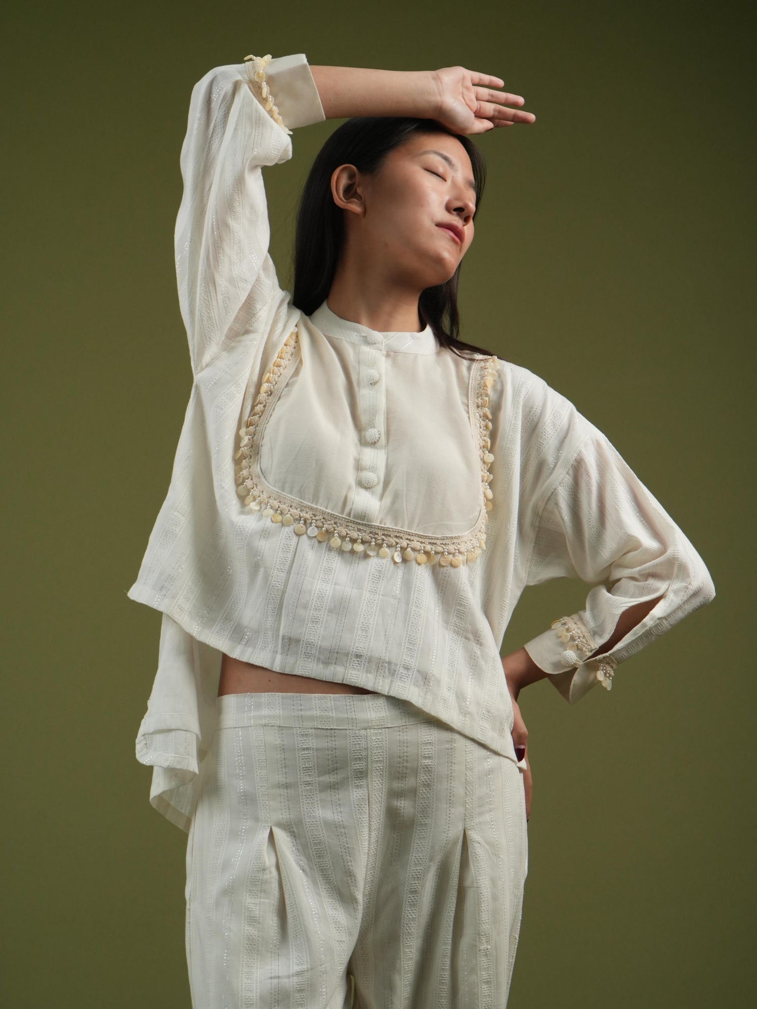 Vanshitaaz Ivory Grace Embroidered Shirt & Pleated Pants Set