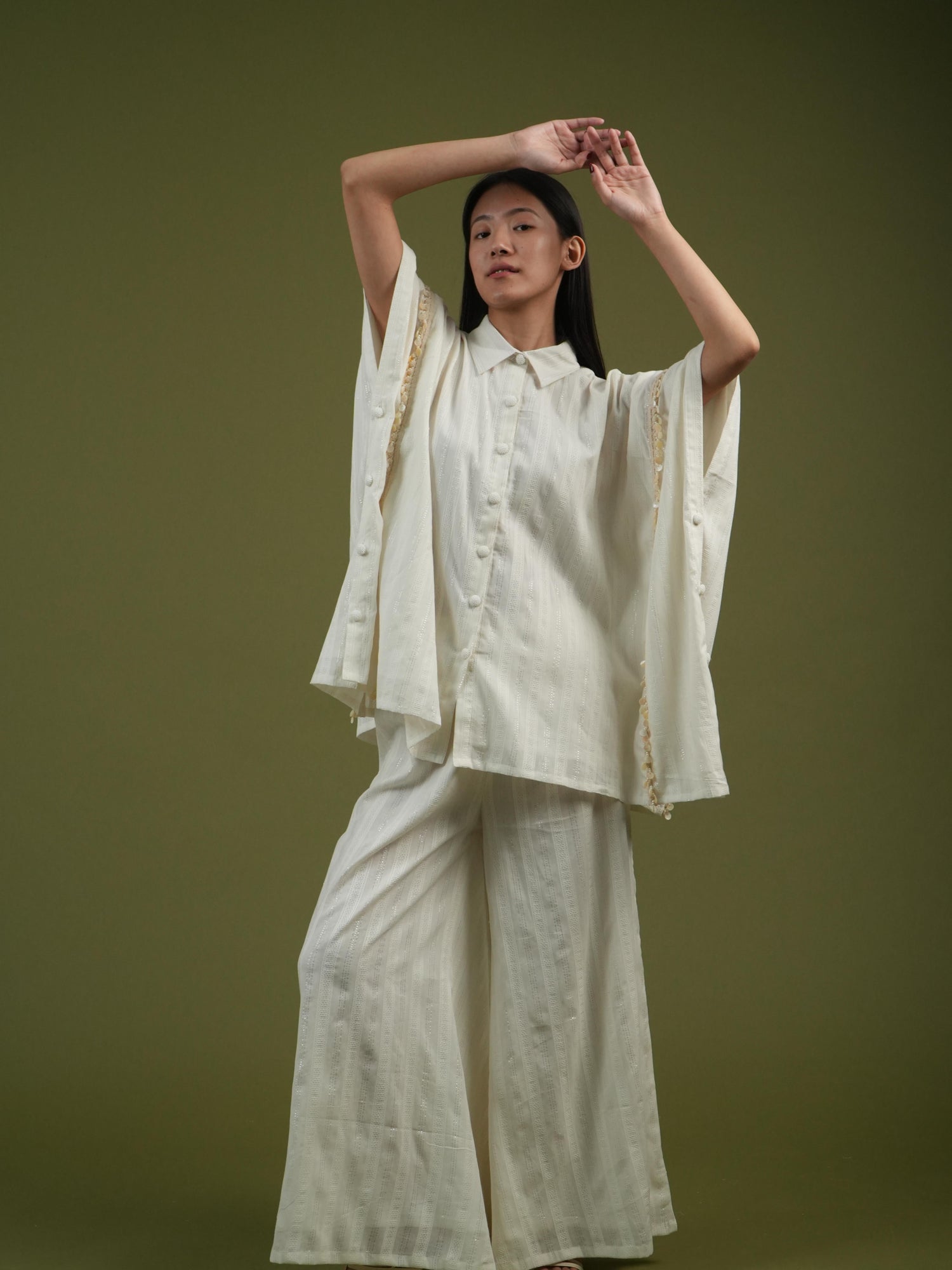 Vanshitaaz Flowing Ivory Cape Shirt & Wide-Leg Pants Set