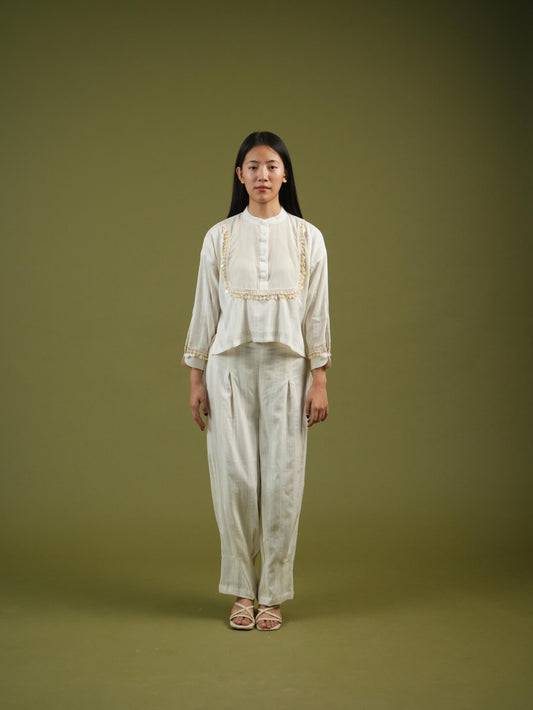Vanshitaaz Ivory Grace Embroidered Shirt & Pleated Pants Set