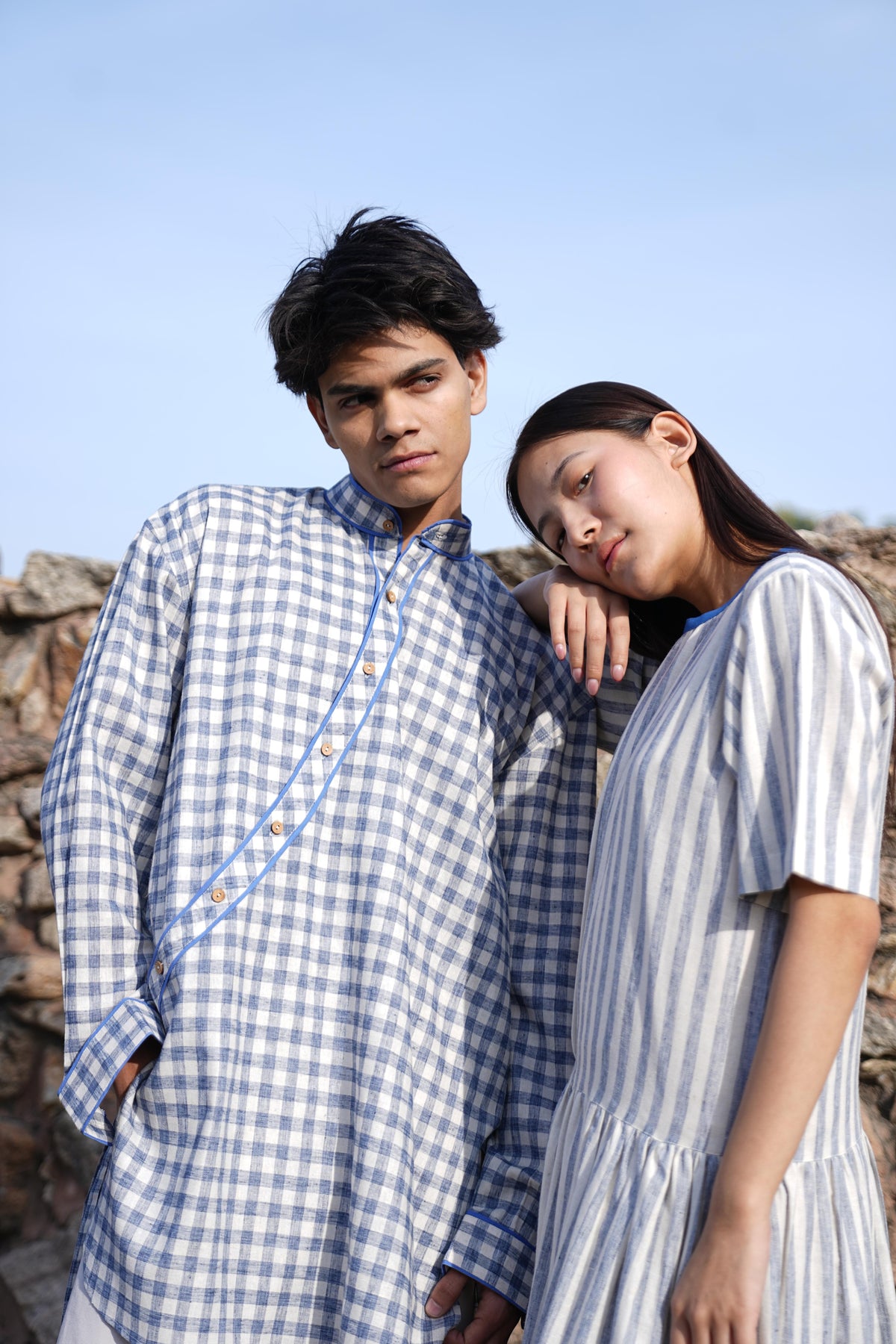 Stripe Button Back Dress & Angrakha Duo