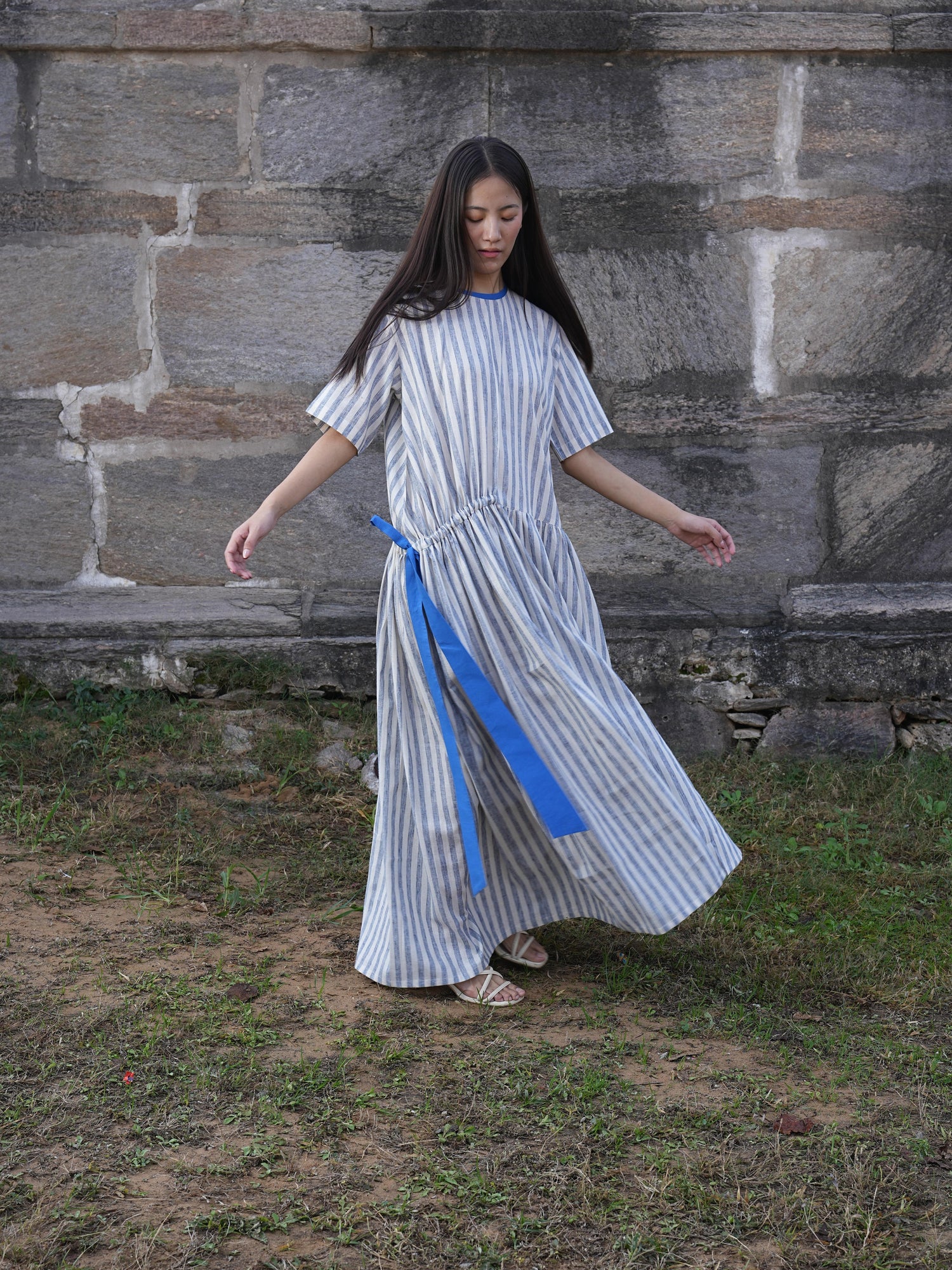 Sutra Stripe Dress with Button Back