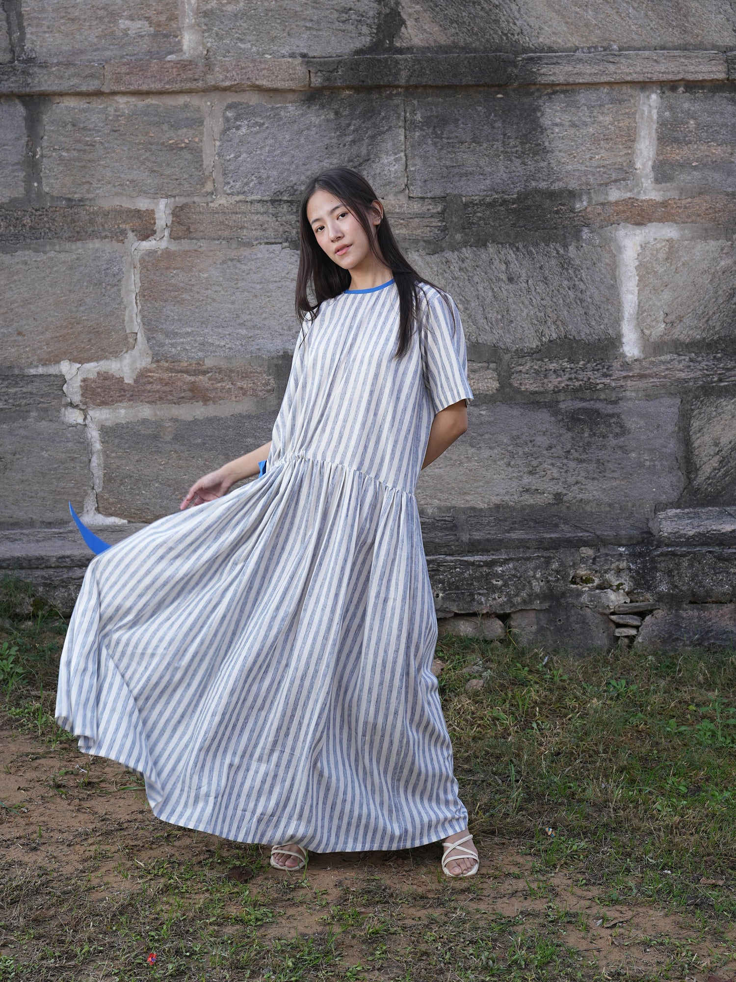 Sutra Stripe Dress with Button Back