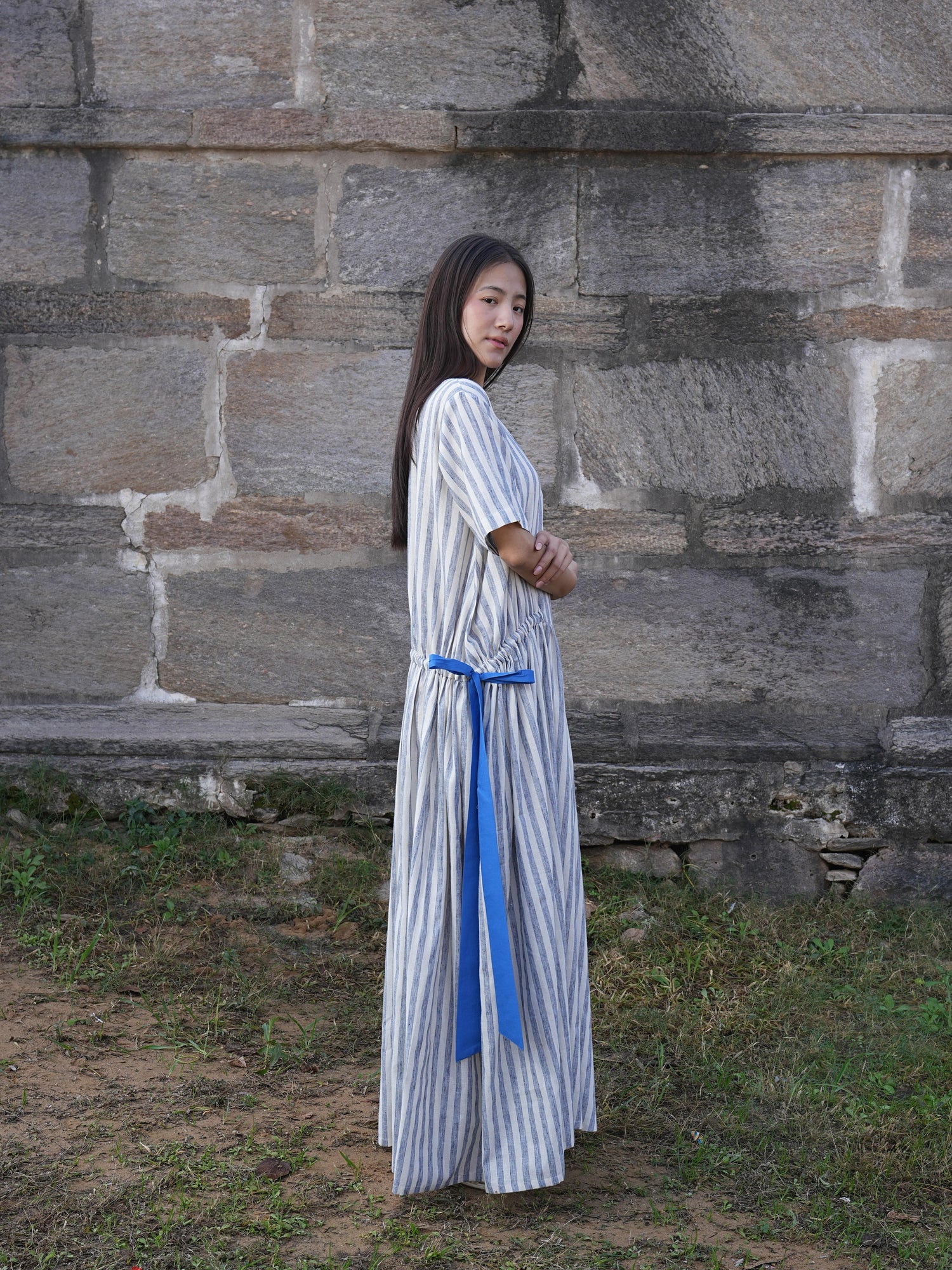 Sutra Stripe Dress with Button Back
