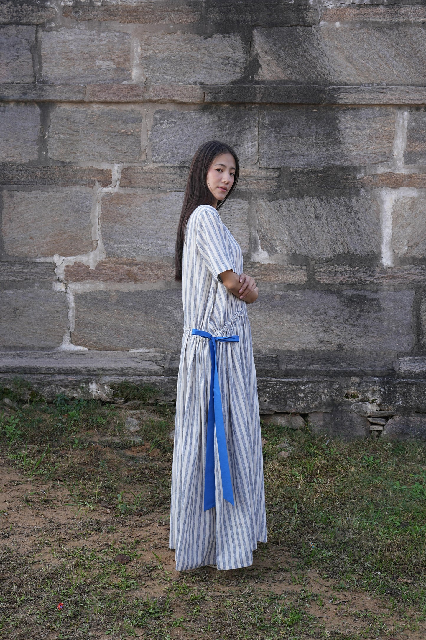 Sutra Stripe Dress with Button Back